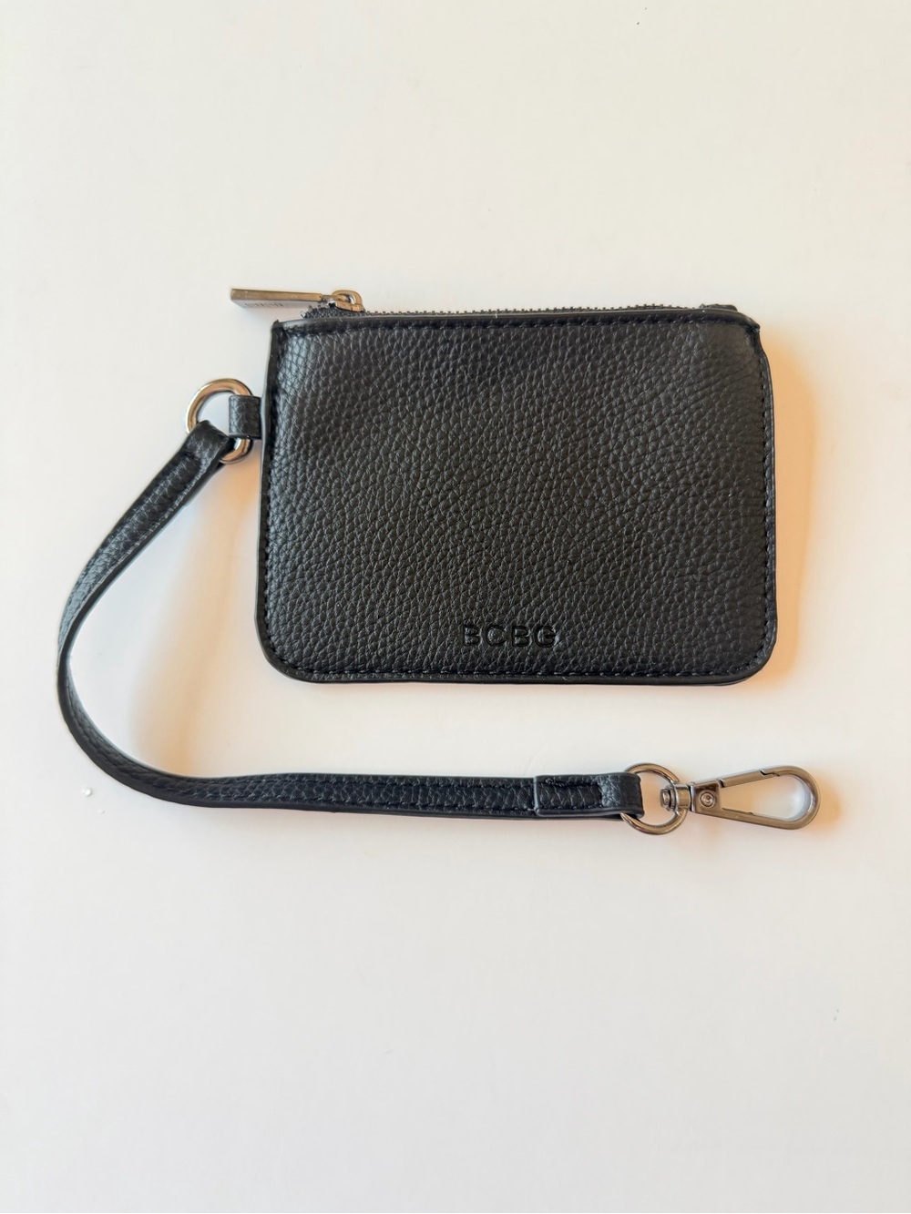 BCBG change purse with hook, black, faux leather, zipper closure 5"x3.5"